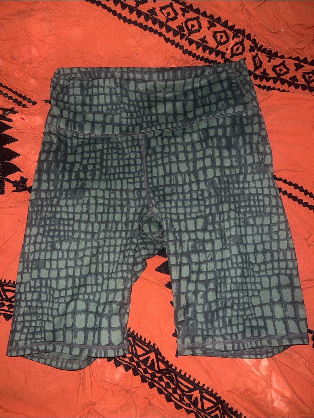 Fabletics Green Grid-Pattern Bike Shorts